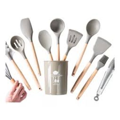 SET UTENSILLOS SILICONA Y MADERA X 12 PCS.