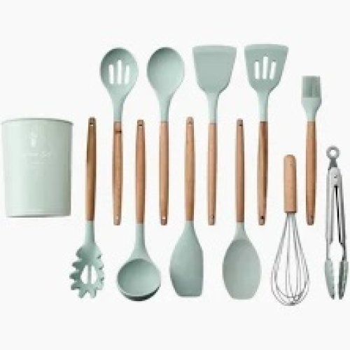 SET UTENSILLOS SILICONA Y MADERA X 12 PCS.