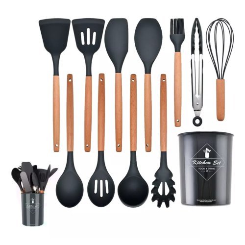 SET UTENSILLOS SILICONA Y MADERA X 12 PCS.