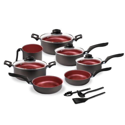 BATERIA DE COCINA 14 PCS. TRADIZIONALE NEGRO/ROJO